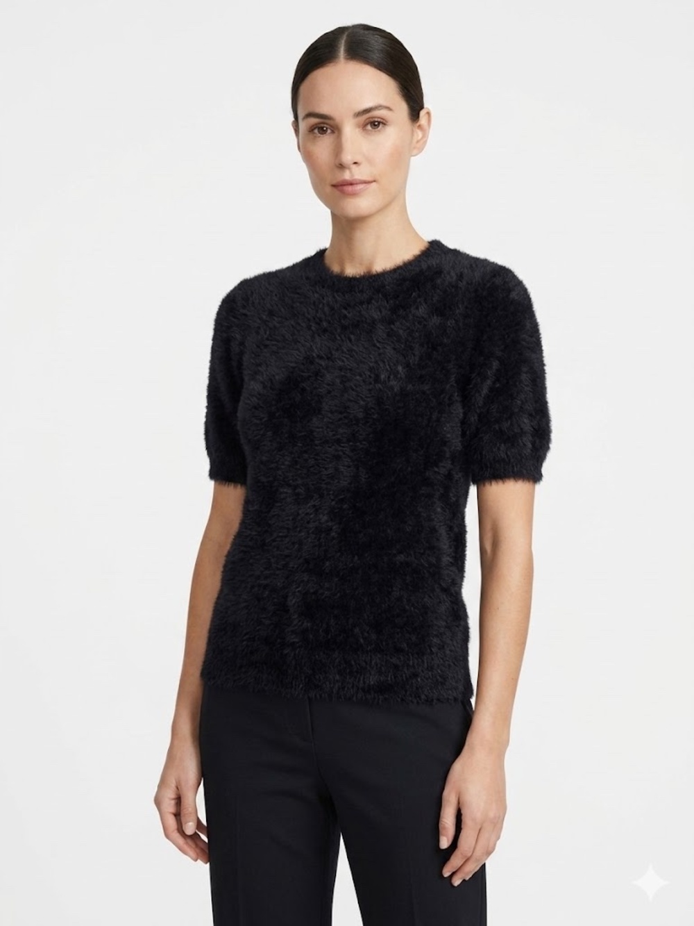 Black Fuzzy Eyelash Knit Short Sleeve Crewneck Sweater Top
